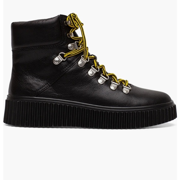 Nordstrom Lisa Vicky Leather moto combat boot black yellow laces size 7 - Picture 4 of 8